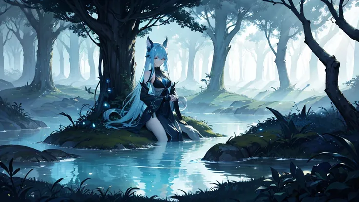 "Create a dark fantasy forest scene as a wallpaper, bathed in ethereal blue hues. The forest is dense with towering, ancient trees with twisted branches. The forest floor is shrouded in a thick, ghostly mist. A soft, cool blue moonlight filters through the...