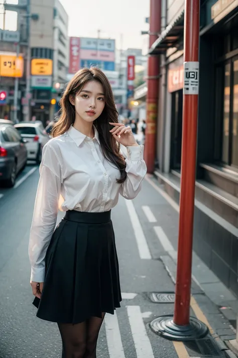 full body shot, standing posture, masterpiece, best quality, Original photo, absurd, UHD, 1 woman, wavy hair, Long grey brunette, Perfect fingers and slender legs, perfcect big smile, yak,look up at the viewer, (((Seoul Street))), intricate details:1.3 , 자...