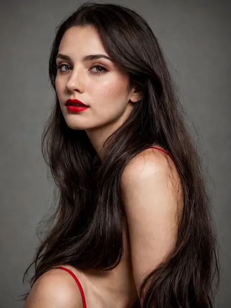 Photoshoot, woman, long dark brown hair, black eyes, red lipstick, ultra realistic