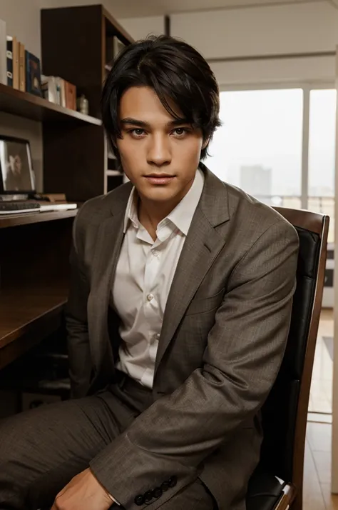 Boy with formal clothes, muscular black hair, light brown eyes and sitting on a chair. 