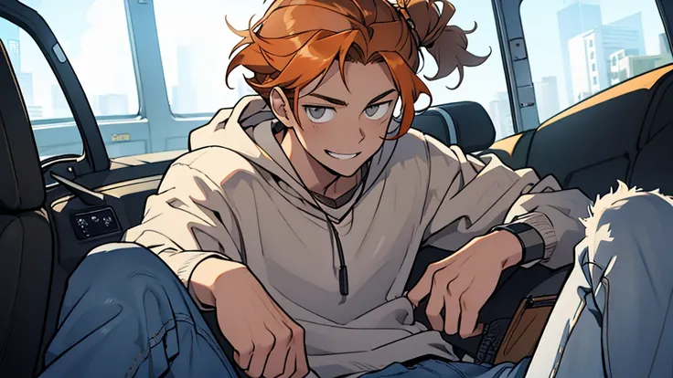 Masterpiece, high quality, 16 year old male, dark orange hair, manbun, grey eyes, grey corduroy hoodie, white t-shirt, blue jeans, deep blue necklace, relaxed smile