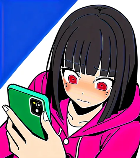 One Girl、ツンデレ、Face Up、Looking at the iPhone、high school girl、anime、hoodie、Black Hair、Blunt bangs、Drunk Eyes、Sailor suit、Red eyes、Bobcut、two-tone hair、 High resolution, 1 Girl, Korean, Small mole under eye,Drooping eyes、