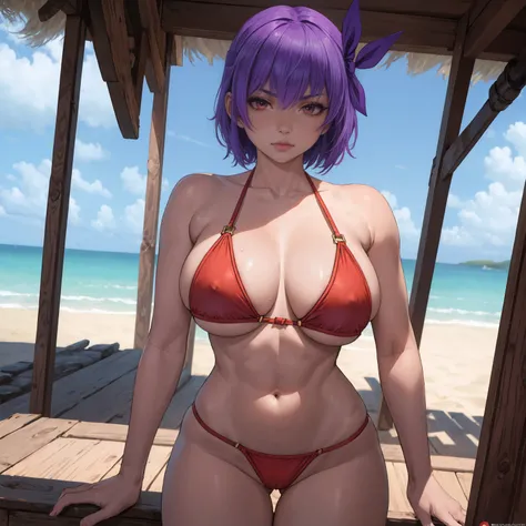 uploaded on e621, explicit content, 3d, (bastika, cutesexyrobutts, hioshiru), female, solo, ayane,  headband, red eyes, beach setting, volley, (violet bikini:1.2), large breasts, natural breasts, milf, standing, three quarters portrait, closeup,