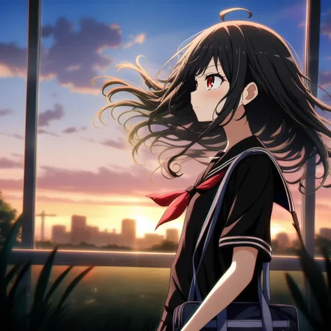 1girl, karamoneeze, absurdres, absurdres, official art, ahoge, backlighting, bag, black hair, black sailor collar, black shirt, blurry, building, cloud, from side, depth of field, evening, floating hair, grass, outdoors, red eyes, sailor collar, scenery, s...