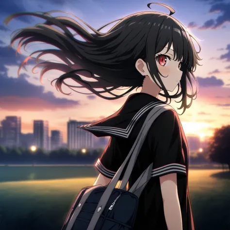 1girl, karamoneeze, absurdres, absurdres, official art, ahoge, backlighting, bag, black hair, black sailor collar, black shirt, blurry, building, cloud, from side, depth of field, evening, floating hair, grass, outdoors, red eyes, sailor collar, scenery, s...