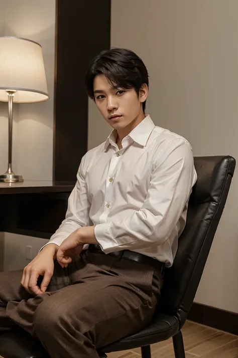 Korean boy with formal clothes, muscular black hair, no shirt, light brown eyes, sitting on a chair 