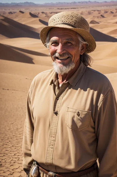 Image of a poor wise 50 year old desert man smiling amidst vast fertile lands and numerous herds.