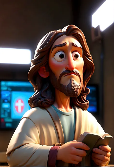 (best qualityer,Fun film characters , standing, in the mind control center , moody lighting, lights background, with Jesus Christ .