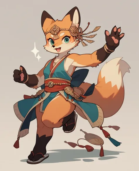 top quality, ancient Chinese beauty, absurdres, perfect anatomy, kemono, solo focus, furry anthro, fox facial features, fox body features, very detailed body fur, full body, dancing pose, sandals, gladiator sandals