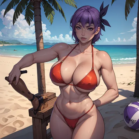 uploaded on e621, explicit content, 3d, (bastika, cutesexyrobutts, hioshiru), female, solo, ayane,  headband, red eyes, beach setting, volley, (violet bikini:1.2), large breasts, natural breasts, milf, standing, three quarters portrait, closeup,