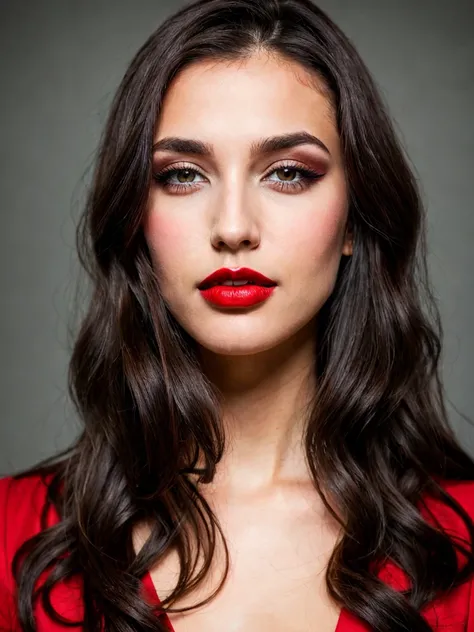 Photoshoot, woman, long dark brown hair, black eyes, red lipstick, ultra realistic