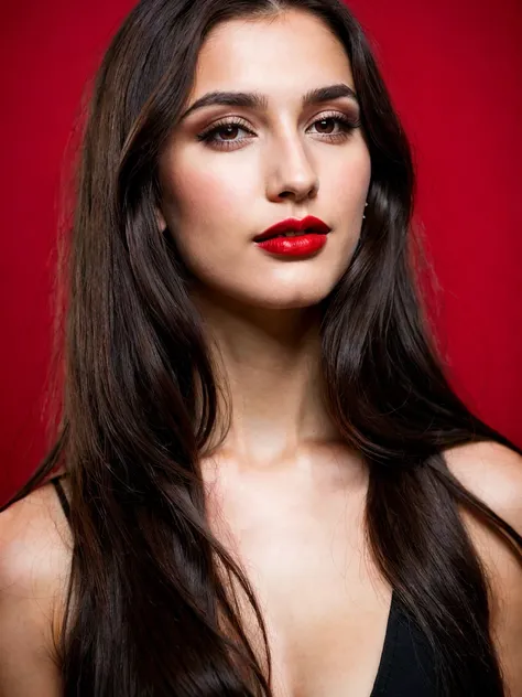 Photoshoot, woman, long dark brown hair, black eyes, red lipstick, ultra realistic