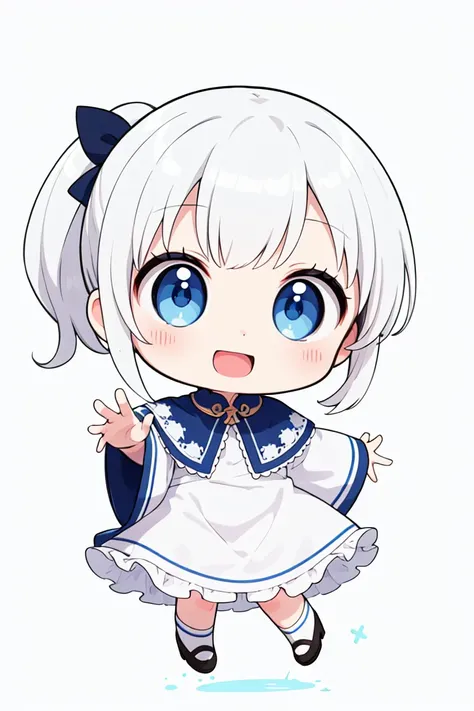 chibi, flat color, solo, full body, five fingers, cute, (highest quality), blue eye, long hair, white hair, white wizard frilled dress, side ponytail, Beam with laughter, open mouth, ((white background)), (masterpiece)