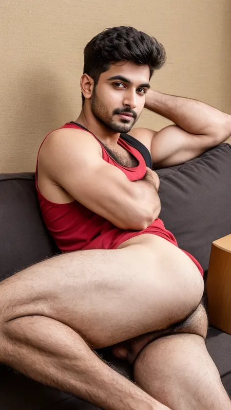 Base model of a handsome indian man, homoerotic, masterpiece, c, handsome face, posing for photo shoot, ultra HD, 16k resolution, handsome face, beautiful eyes, messy hair, sitting on a sofa, homoerotic, nsfw ,ass, butt cheeks ,thighs , head to thighs on f...