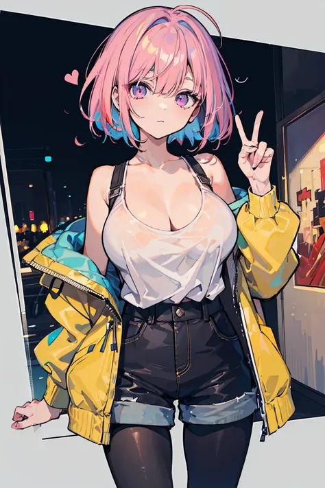 peace sign, 1 Girl, Big Breasts 1.3, Colorful clothes, Pink Hair, Short Bob, Jacket, Open chest , Shorts, pantyhose, clear, curt, Light purple eyes, ((Heart Eyes)), Noticed, Pop Background,16 years old, Colorful Hair, Messy Hair, tonality, Romanticism, mod...