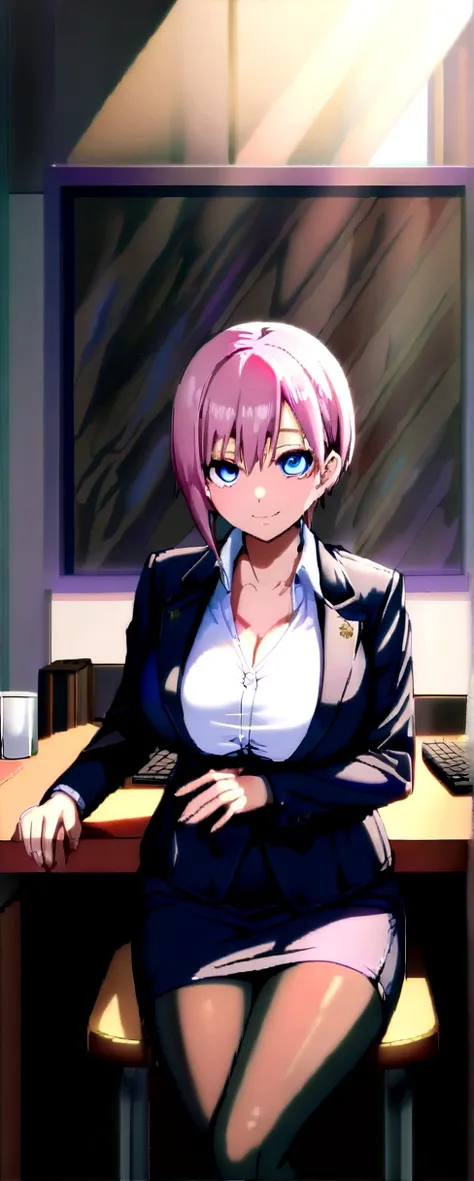 ichikanakano, Nakano Ichika, short hair, bangs, blue eyes, Hair between the eyes, smile,Pink Hair, Big Breasts , OL, happy smile, smile, Open your mouth,Akagi Glasses, end, Black suit jacket with open front, White dress shirt, Collared shirt, Neckline, but...