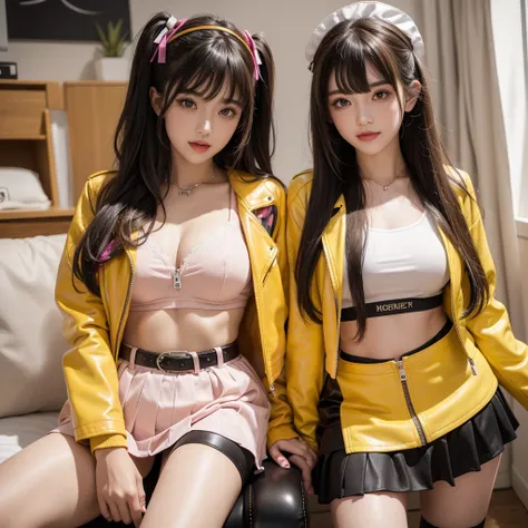 bangs down，beautiful girl，Maid clotheasterpiece，perfect face，perfect breasts，long hair，Outstanding style，stimulating，Cute outfits，Horny girl，double eyelid，Naughty Girls，Erotic and cute，mini skirt，ribbon on uniform，colorful hair color，yellow eyes，leather ja...