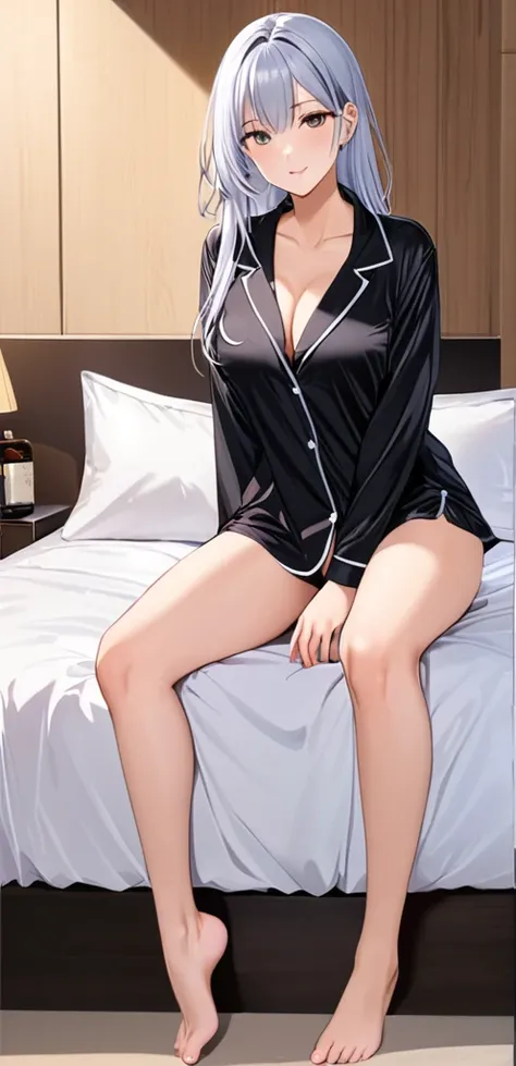 (masterpiece, best quality:1.2), 1girl, sitting in a bed, silver hair, long hair, horny, black pajamas，black pajamas short bottoms, sexy pose, open legs,
