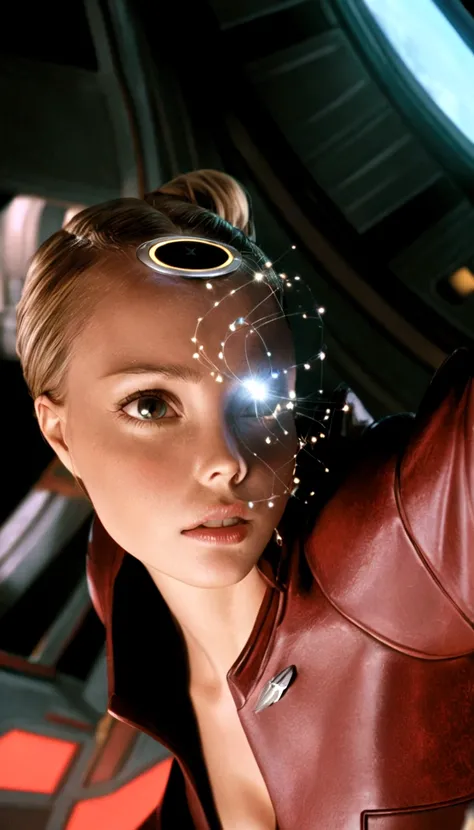 Arafed woman in a leather jacket leaning on a large tire, Natalie Portman and Star Trek, Kristanna Loken, in a science fiction movie, Emma Watson and Star Trek, eve movie online still, iconic shot, Picard at starboard, aesthetic shot, cinematic shot, depic...