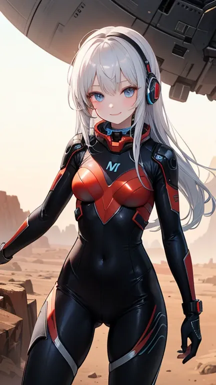 Beautiful silver-haired girl with headphones, Sci-fi action set on Mars in the 2500s, A shiny black bodysuit, Complex patterns that emit light, smile, And blue eyes staring at you. There is.