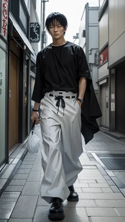 1 boy, Toji Fushiguro, black jersey, white baggy pants, small sword in hand, walking through the streets of Tokyo.