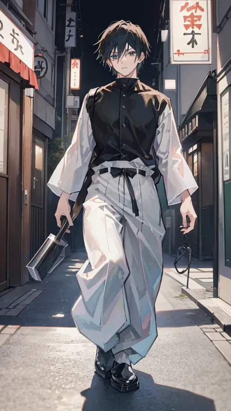 1 boy, Toji Fushiguro, black jersey, white baggy pants, small sword in hand, walking through the streets of Tokyo.