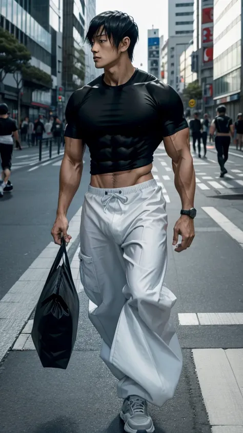 1 boy, Toji Fushiguro, muscular physique, black compression shirt, white baggy pants, walking the streets of Shibuya.