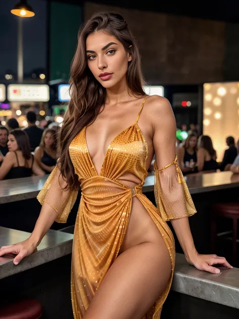 a 22 year old woman, elegant appearance, sleek brown hair, green eyes, full red lips, smile, snub nose, freckles, tanned skin, thick dark eyebrows, happy face, high defined cheekbones, long curved eyelashes, italian model, at a disco bar, light natural mak...