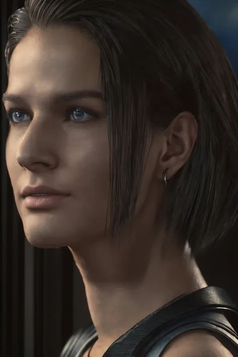 a masterpiece portrait of jill valentine from re3 remake, beautiful detailed blue eyes, detailed brown hair in long bob hairstyl...