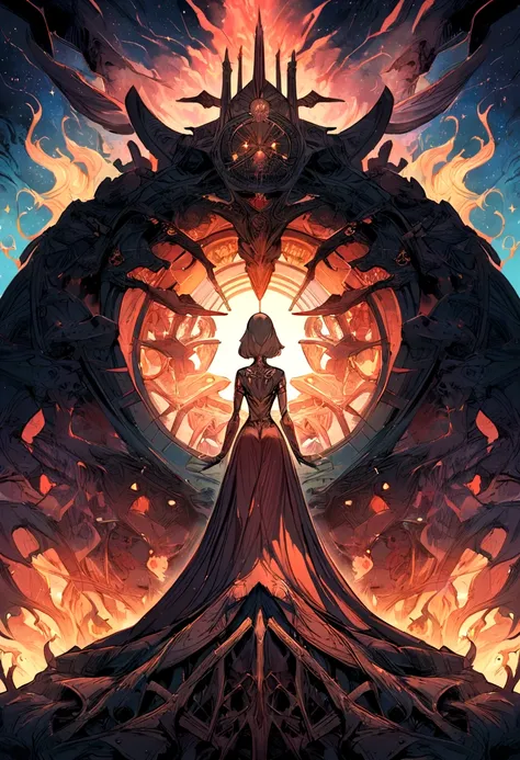 a girl and a man talk to each other over a pile of corpses,The image depicts a group of superheroines with various powers and abilities, standing together in front of a fiery background,  Appendix architecture made of skeletons., Fancy, intricate, elegant,...