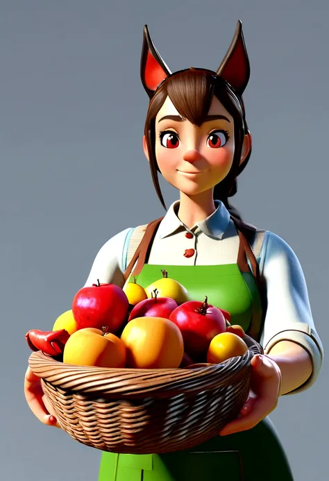 Happy woman mascoque, realisitic, Holding a basket of fruit, 3 d modeling, pixar, 4K, close, apron,