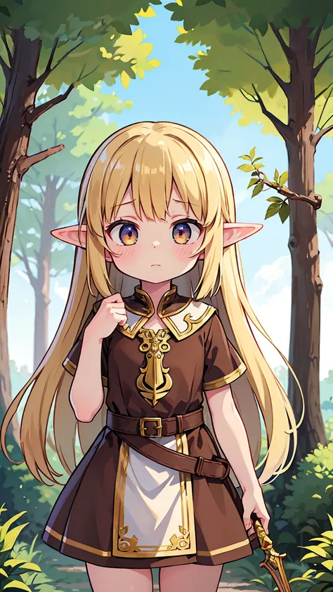 masterpiece, best quality, high resolution, (loli), girl, elf, small busts, worn brown tunic, has a spear, shy face, he is afrai...