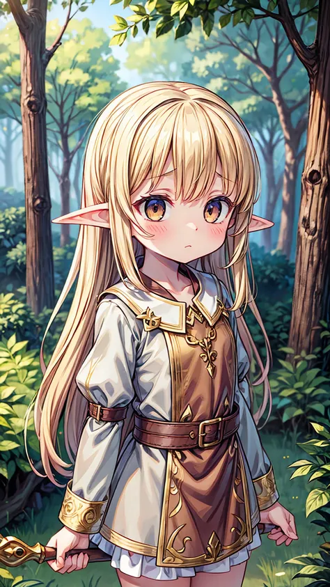 masterpiece, best quality, high resolution, (loli), girl, elf, small busts, worn brown tunic, has a spear, shy face, he is afrai...