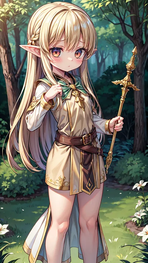 masterpiece, best quality, high resolution, (loli), girl, elf, small busts, worn brown tunic, has a spear, shy face, he is afrai...