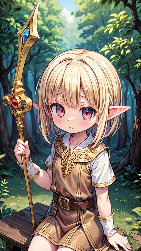 masterpiece, best quality, high resolution, (loli), girl, elf, small busts, worn brown tunic, has a spear, shy face, he is afrai...