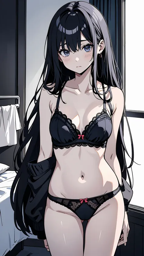 High resolution、4K quality、Highest quality、sister、Female college student、Glamorous Body、Observed Perspective、My brother is looking into my room..、bra、pantiesが床に落ちている、黒のpanties、panties、used underwear、シミ付きpanties、Scattered underwear、panties単体、Laundry basket、...