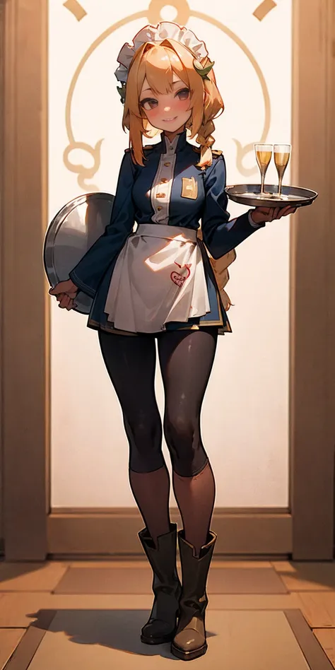 full body standing straight symmetrical, lustful smirking smile face red blush red cheeks, looking at viewer, holding tray, braid, maid headdress, maid, dress, apron, long sleeves, brown pantyhose, long leather militar boots, thighs, long white hair, maste...