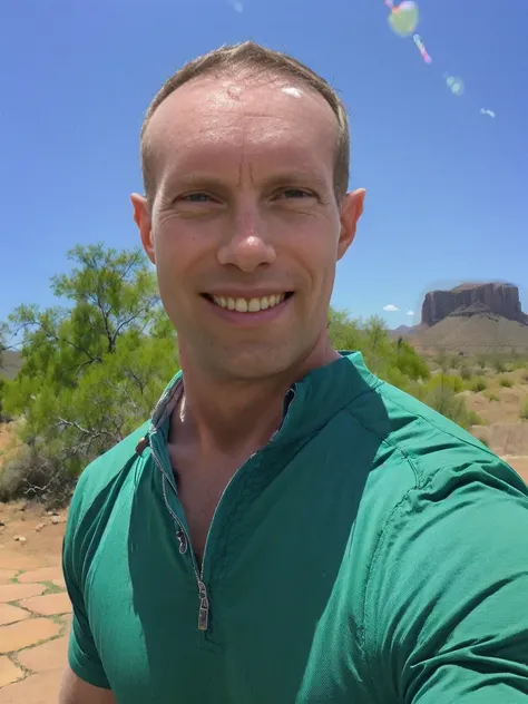 a man looking to side smiling todder8, todder1, cowboy shirt horseback riding in desert blue sky bright sun desert mountains