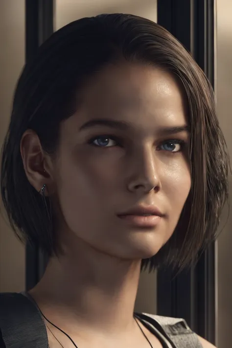 a masterpiece portrait of jill valentine from re3 remake, beautiful detailed blue eyes, detailed brown hair in long bob hairstyle, oval face, woman sitting on a bed looking out the window of a city, dirt stains, (best quality,4k,8k,highres,masterpiece:1.2)...