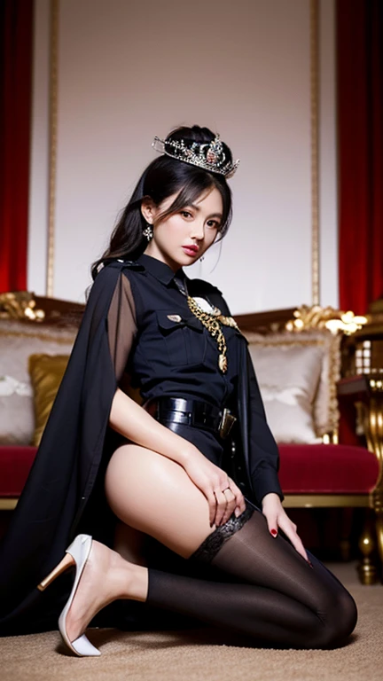 an expression of arrogant beauty，sexy，the queen, wearing cool clothes, raised her left foot。a handsome officer kneeled on one kn...