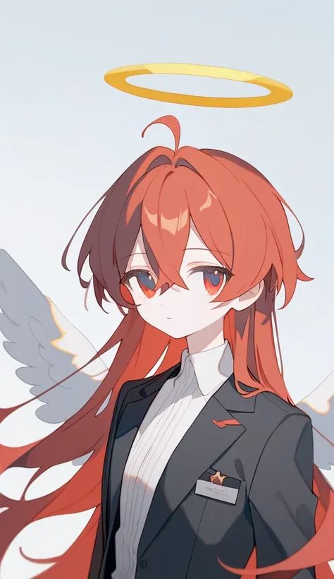 1girl,red hair,angel,big white wings,red eyes,puffy long hair,black suit,black suit,looking at viewer,hair between eyes, yellow halo, score_9,score_8_up,score_7_up,Expressiveh,rating_safe,(masterpiece, best quality)