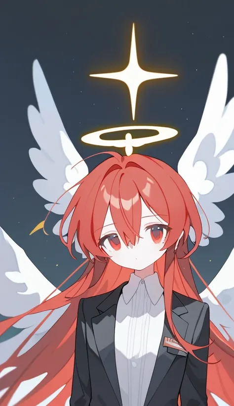 1girl,red hair,angel,big white wings,red eyes,puffy long hair,black suit,black suit,looking at viewer,hair between eyes, yellow halo, score_9,score_8_up,score_7_up,Expressiveh,rating_safe,(masterpiece, best quality)