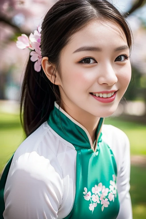 (a gorgeous lady, age 18, vietnamese traditional dress ao dai, nature walk in cherry blossom festival, friendly expression, dimp...