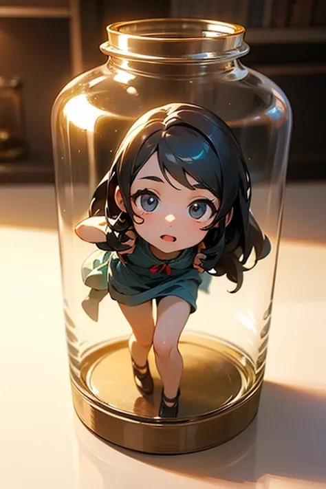 3dオブジェ of a very cute girl figure in a jar, masterpiece((must)), palm-sized, uplifting, the face is dense((must)), tiny miniatur...