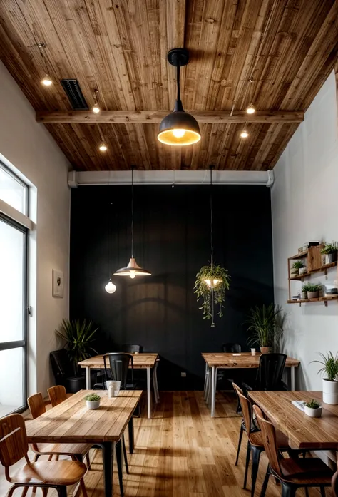 create IT and coworking environment with white walls and one with osb covering, black ceiling, tables with wooden tops, black chairs, some tables with notebook, non-environmental plants, light wooden floor, the image logo, yellow chandeliers, people in the...