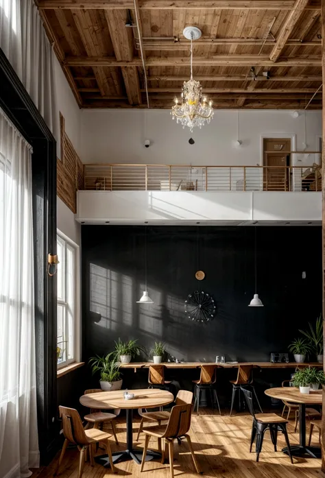 create IT and coworking environment with white walls and one with osb covering, black ceiling, tables with wooden tops, black chairs, some tables with notebook, non-environmental plants, light wooden floor, the image logo, yellow chandeliers, people in the...