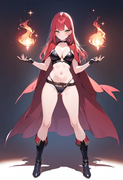 (masterpiece:1.2), (highest quality:1.2), 1girl, solo, red-hair, red-cape, breasts, green-eyes, long-hair, cape, navel, looking-at-viewer, jewelry, earring, belt, choker, gloves, magic, standing, ass-visible-through-thighs, boots, cleavage, closed-mouth, m...