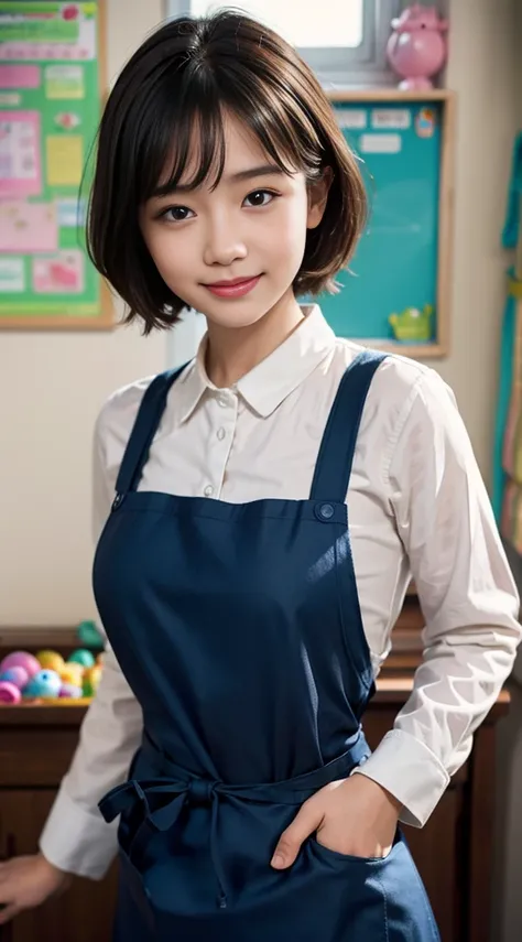 Browsing Caution:1.35、close range、Beautiful woman、cute、((Female Nursery Teacher))、smile、Extra Very Short Hair、((Delicate photo))，(Detailed RAW photos of girls), (Tabletop:1.0), (Highest quality:1.6), (Ultra-high resolution:1.5), (Realistic:1.75), 8K resolu...