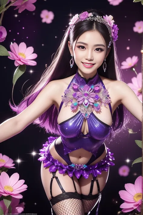 sexy Thai model who controls poison、beautiful smile、lipgloss、smokey eyeshadow、look at the camera、full body Esbian、、sparkling poisoned flower costume、、、、sparkling Colorful hair、secrete poison、skull hair accessories、fishnet tights、shiny sparkling flowers bac...