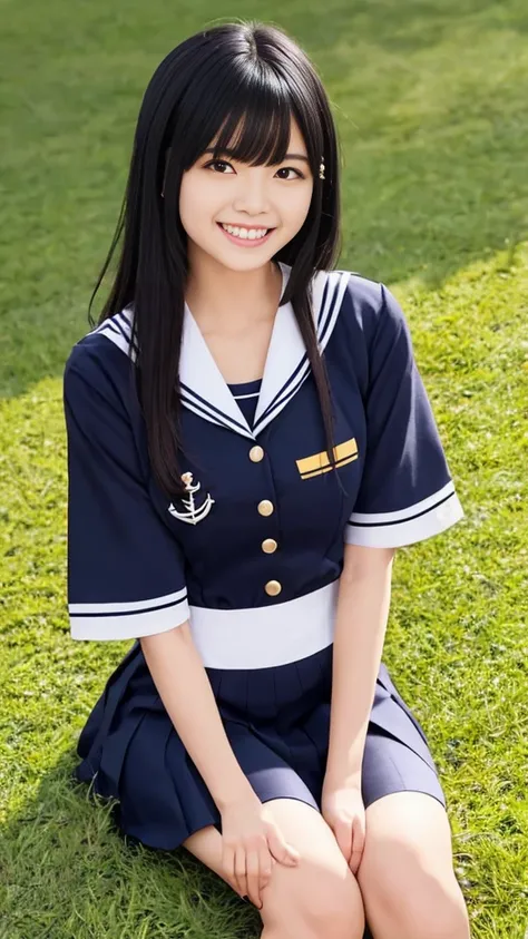 A scene of a black-haired woman wearing a sailor uniform sitting on the grass on a sunny day with a big smile